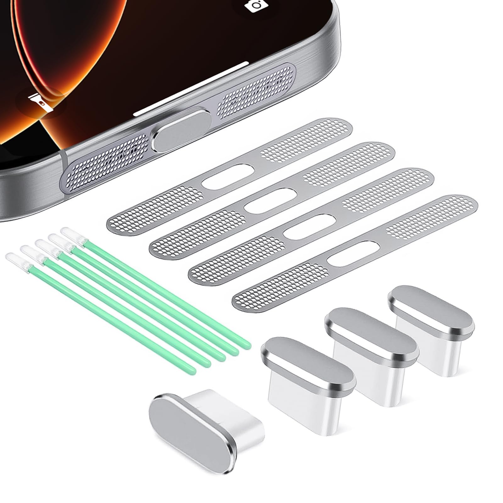 KASELIN Type-C キャップ 防塵保護カバー カバースピーカー防塵 ダストガード クリーニングスティック USB Cダストプラグ 13点セットfor iPhone 17/iPhone 16/16 Plus/16 Pro/16 Pro Max/iPhone 15/15 Pro/Pro Max/Plus用携帯電話アクセサリー (シルバー)