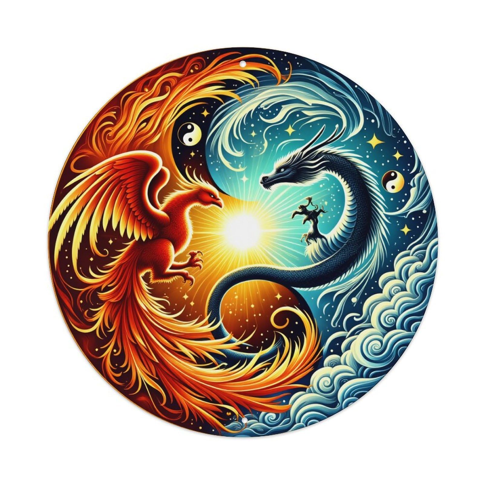 Phoenix Dragon Yin Yang Cosmic Balance Round Tin Sign Vintage Metal Sign Home Bar Garden Indoor & Outdoor Wall Decor Retro Metal Poster 8x8 Inch
