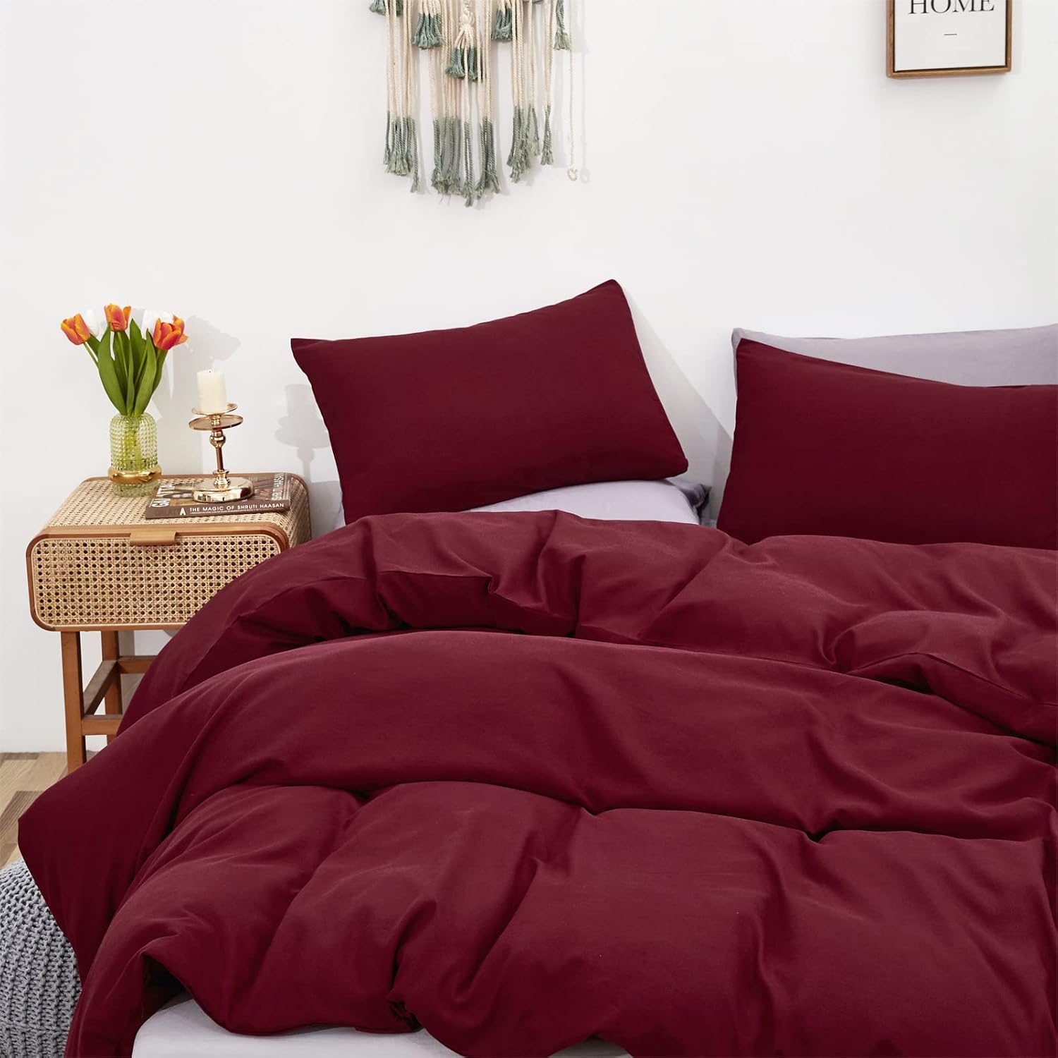 KAREVER Burgundy Comforter Set Queen Size Dark Red Bedding Set Soft Durable Bedding Set Kids Teens Adult Lightweight Plain Burgundy Blanket Breathable Dark Red Bed Comforter Set