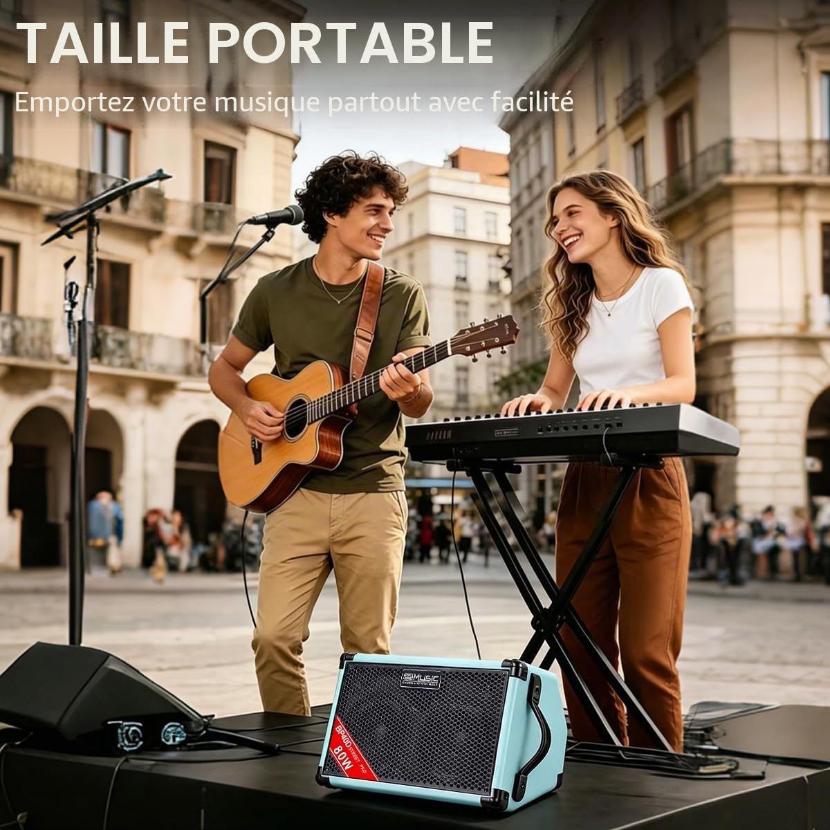 BP40D Amplificateur de Guitare Acoustique Haut-Parleur de Chant de Rue – Haut-Parleur Bluetooth Portable 80 W avec Batterie, Effet de Retard de réverbération de Chorus, 6 entrées, égaliseur 3 Bandes,