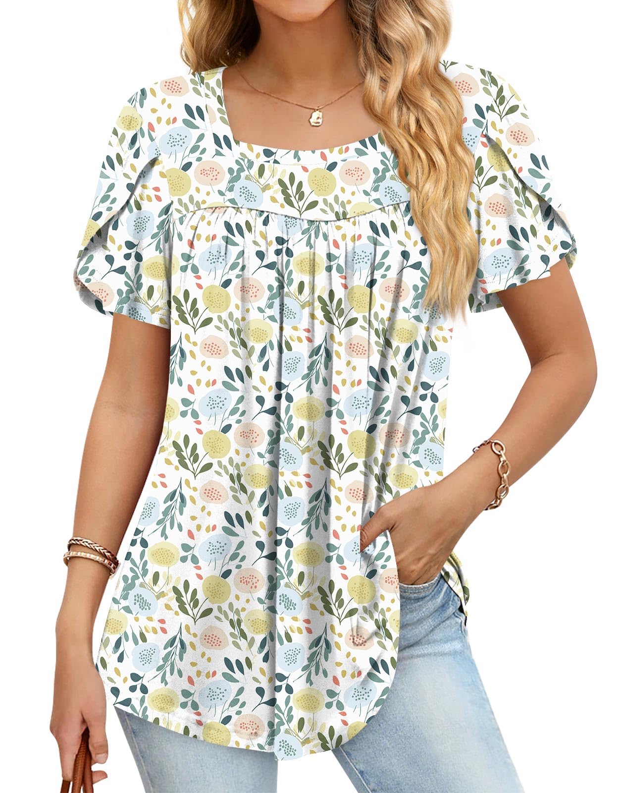 Findsweet Womens Plus Size Tops Summer Short Sleeve Tunics Casual Shirts Loose Fit XL-5XL