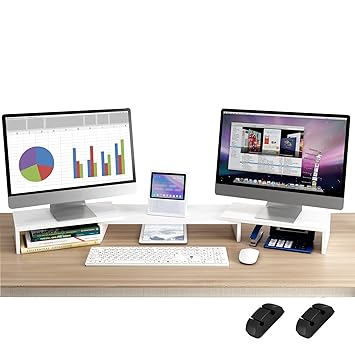 Dual Monitor Stand Riser Wood With Adjustable Length And Angle, Double Computer Monitor Riser For 12