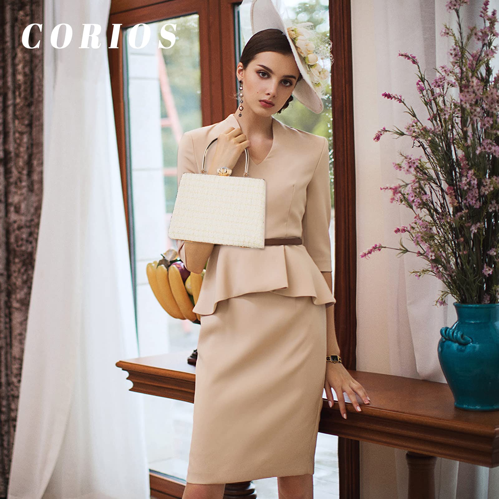 CORIOS Small Evening Bag for Women Rhinestone Clutch Purse Sparkly Glitter Shoulder Bag Fashion Crossbody Bag with Detachable Chain Bridal Wedding Purse Wedding Cocktail Party Prom Handbag Beige