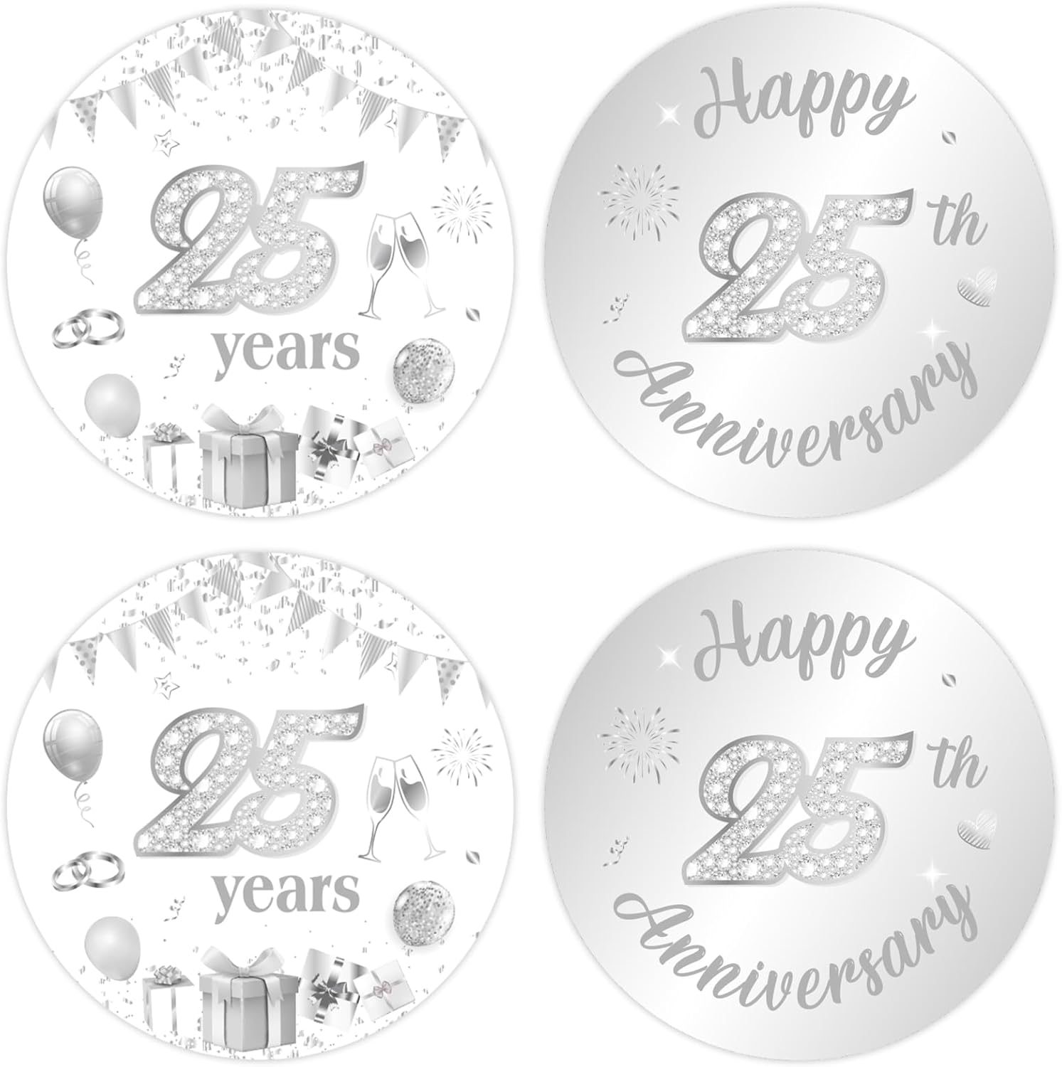 Happy 25th Wedding Anniversary Party Supply Silver Wedding Anniversary Thank You Stickers White and Silver 80pcs 25th Engagement Decor Thank You Labels Tags