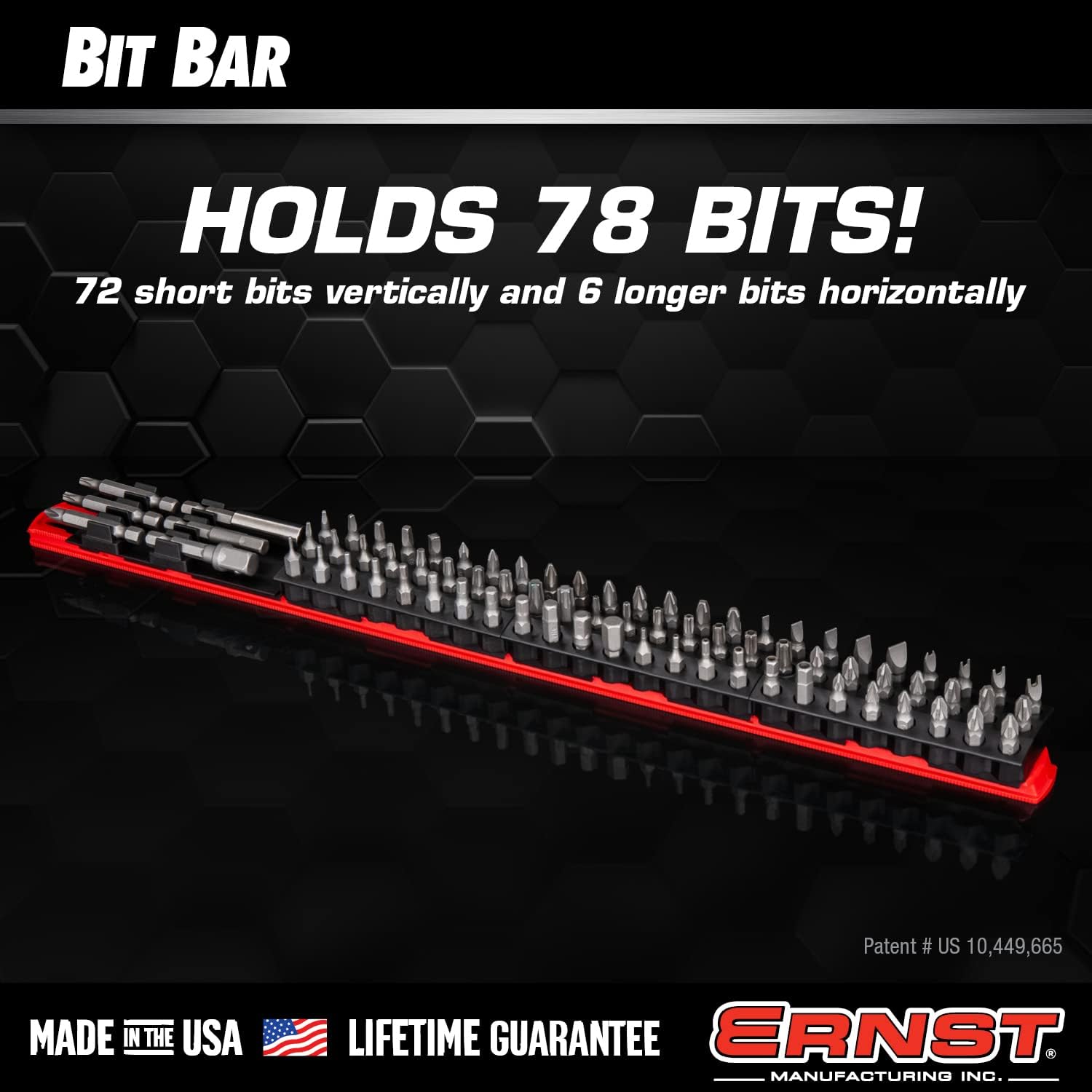 Ernst Manufacturing 78 Tool Bit Bar with Magnetic Base, 1/4" Hex Bit Holder - Red/Black