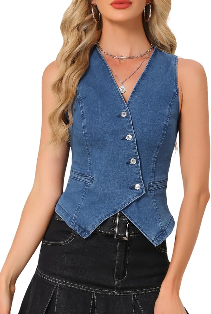 Allegra K Women's Short Denim Vest V-Neck Western Vest Crop Top Jeans Button Down Denim Vest, blue, M