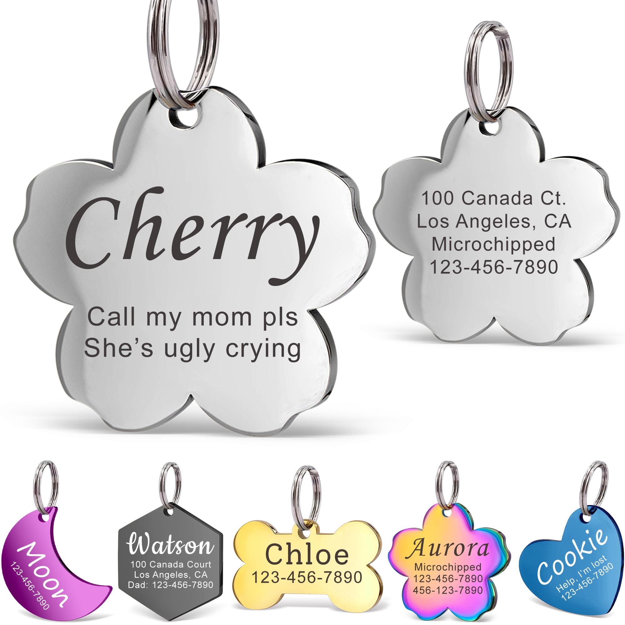 Anavia Personalized Pet ID Tags, Stainless Steel Glossy Laser Engraved Dog Cat Collar Name Tags, Multiple Colors Shapes Sizes (Cherry Blossom, Regular