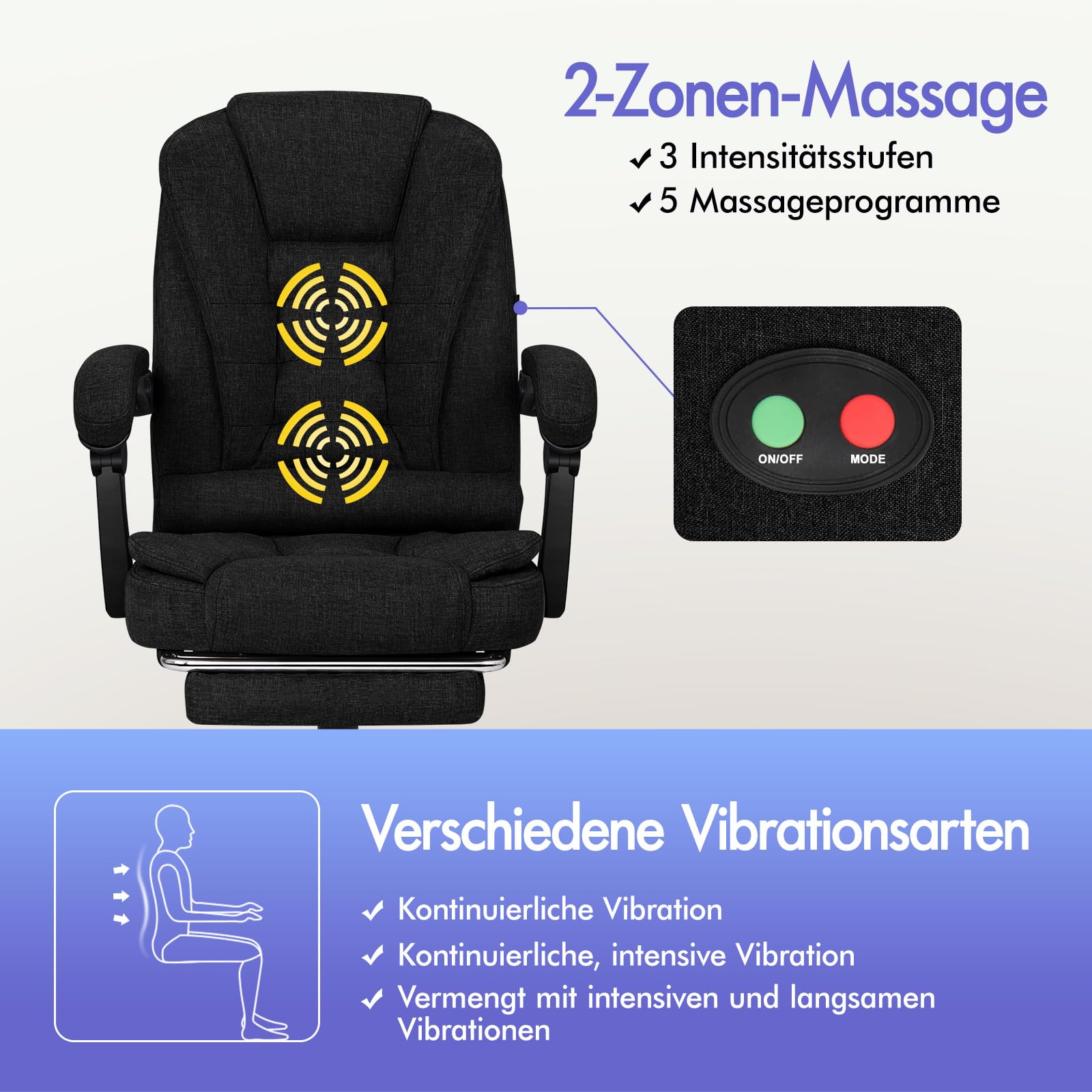 ALFORDSON Bürostuhl Chefsessel Massage Ausziehbare Fußstütze, höhenverstellbarer Schreibtischstuhl 150°-Neigung, ergonomischer Drehstuhl, Computerdrehstuhl,belastbar 180 kg, Leinen, Schwarz