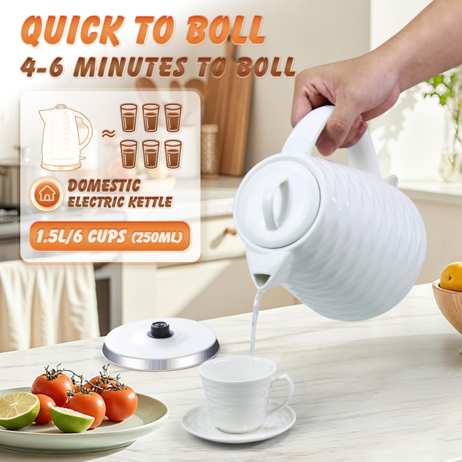 Ceramic electric kettle,1.5L/1000w, white electric tea kettle， Automatic Shut-Off, BPA-Free, Boil-Dry Protection, suitable for coffee, tea, quick boiling, with wave texture design