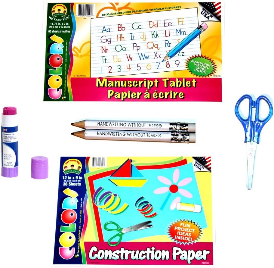Handwriting Fine Motor Craft Kit 6 Piece Set, Construction Paper, Scissors, Glue Stick, 2 Mini-Pencils and Printing Tablet, Occupational Therapist Approved