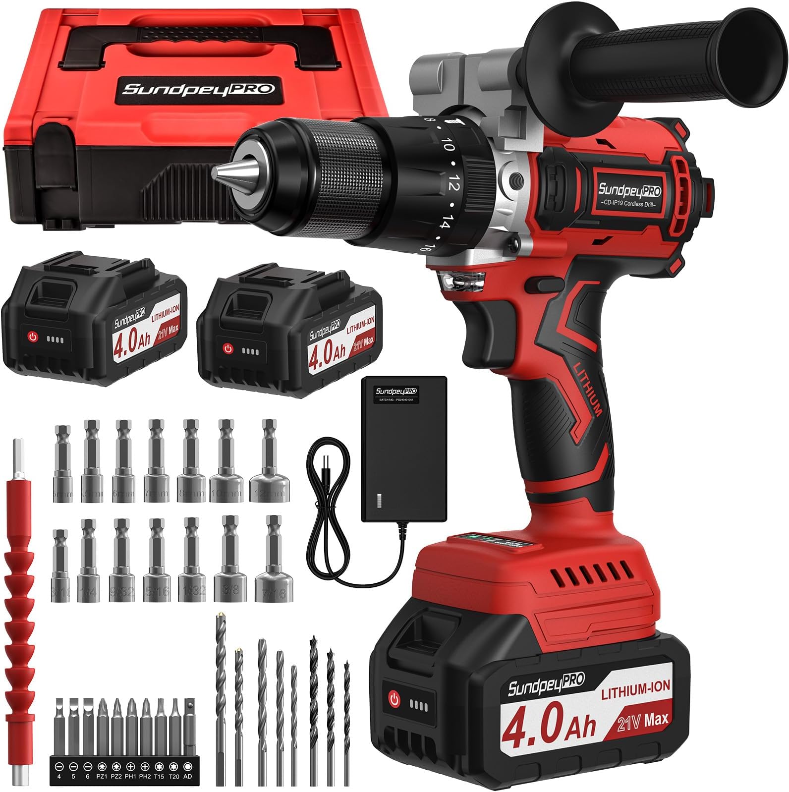 Cordless Hammer Drill Driver 120Nm- 21V Brushless Electric Power Drill Set with 2 X 4.0Ah Battery - SundpeyPRO 20+3 Torque 1/2 Inch Self-Locking Metal Chuck Impact Drills Cordless with Bit Set & Case