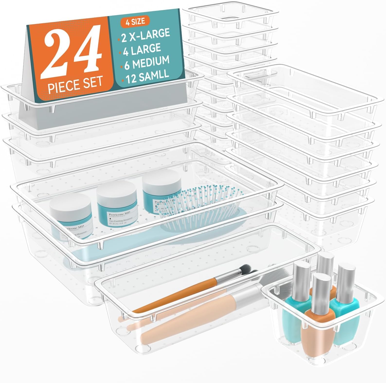 24 PCS Drawer Organizer Set, 4 Sizes Makeup Vanity Organizer, Clear Plastic Organization and Storage Bins for Makeup, Jewelry, Multiple Gadgets for Kitchen, Bathroom, Office, Bedroom