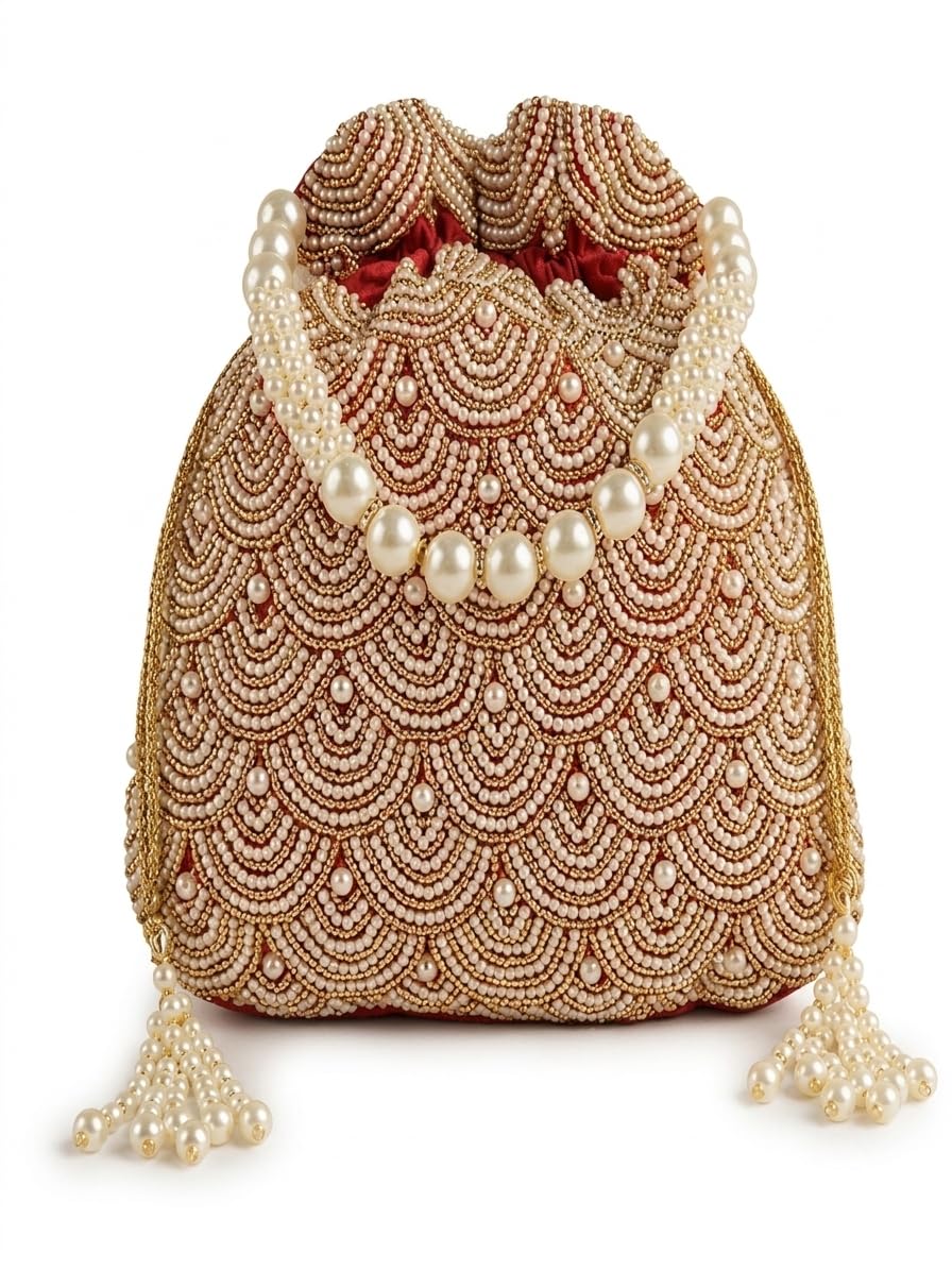 JDDCART Red Pearl Embroidered Potli Handbag with White Moti Embroidered and Drawstring Closure-image-29