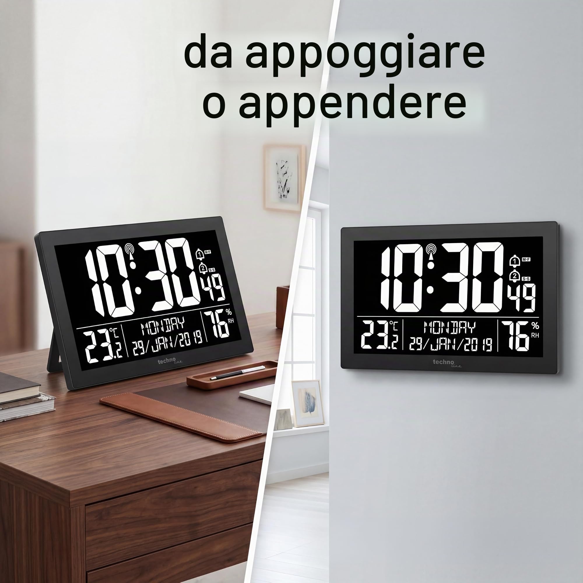 Technoline WS 8017 - Orologio da parete radiocontrollato da tavolo, con temperatura, febbre dell'aria, data, giorno, 2 allarmi