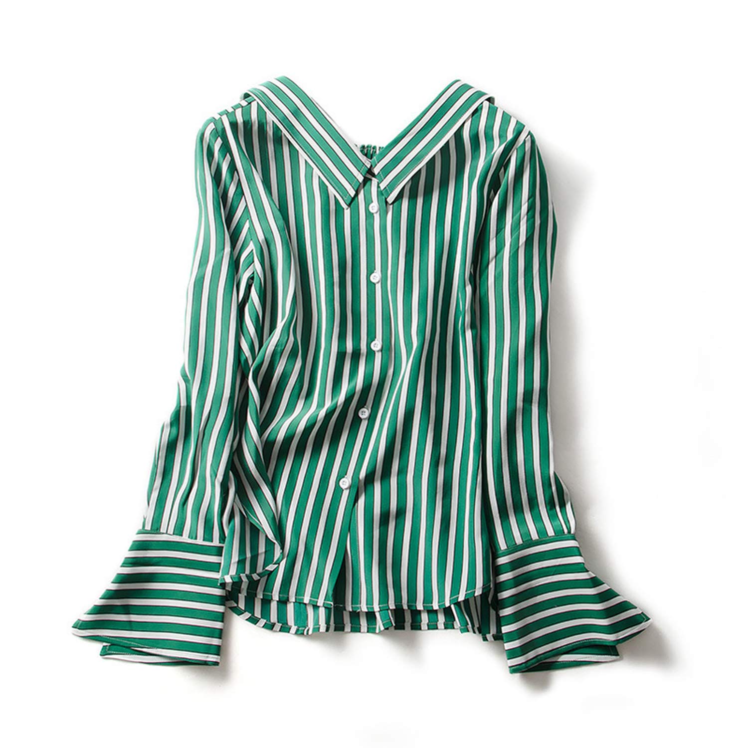 Camicia A Righe Verdi con Scollo A V, Tuta da Donna A Maniche Lunghe in Seta, Blusa A Molle