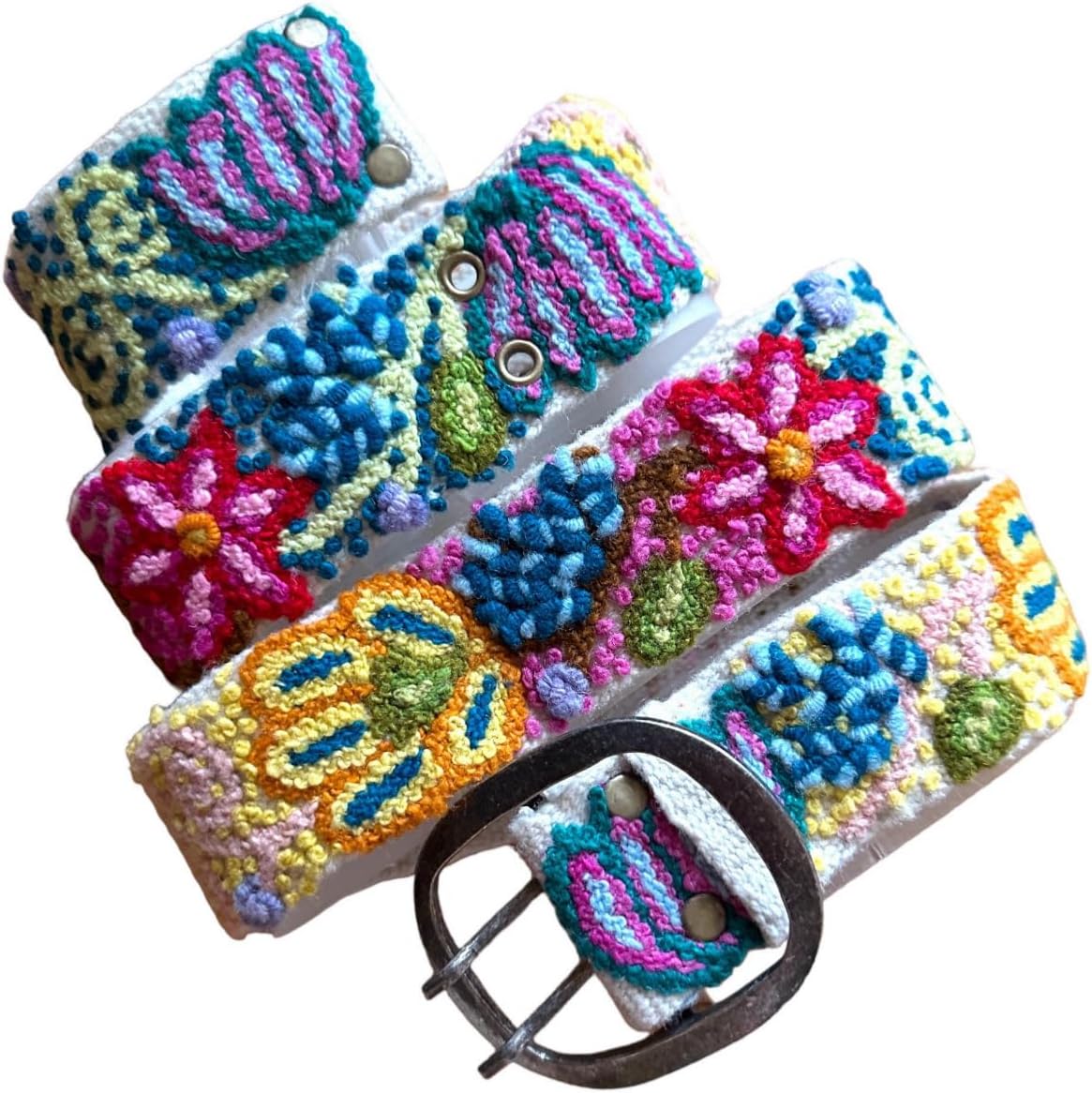 Embroidered Flower Belt, Wool Belt, Peruvian, Hand Embroidered, Boho - "Aqua Star"