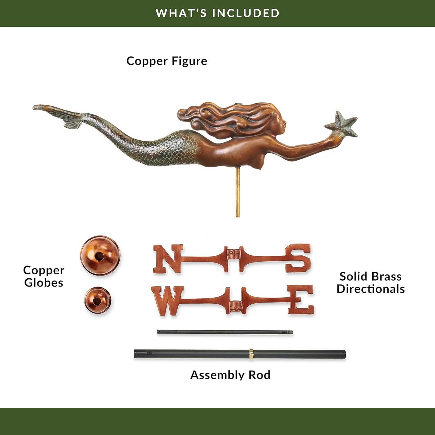 Mermaid with Starfish Weathervane - Pure Copper Hand Finished Multi-Color Patina by Good Directions