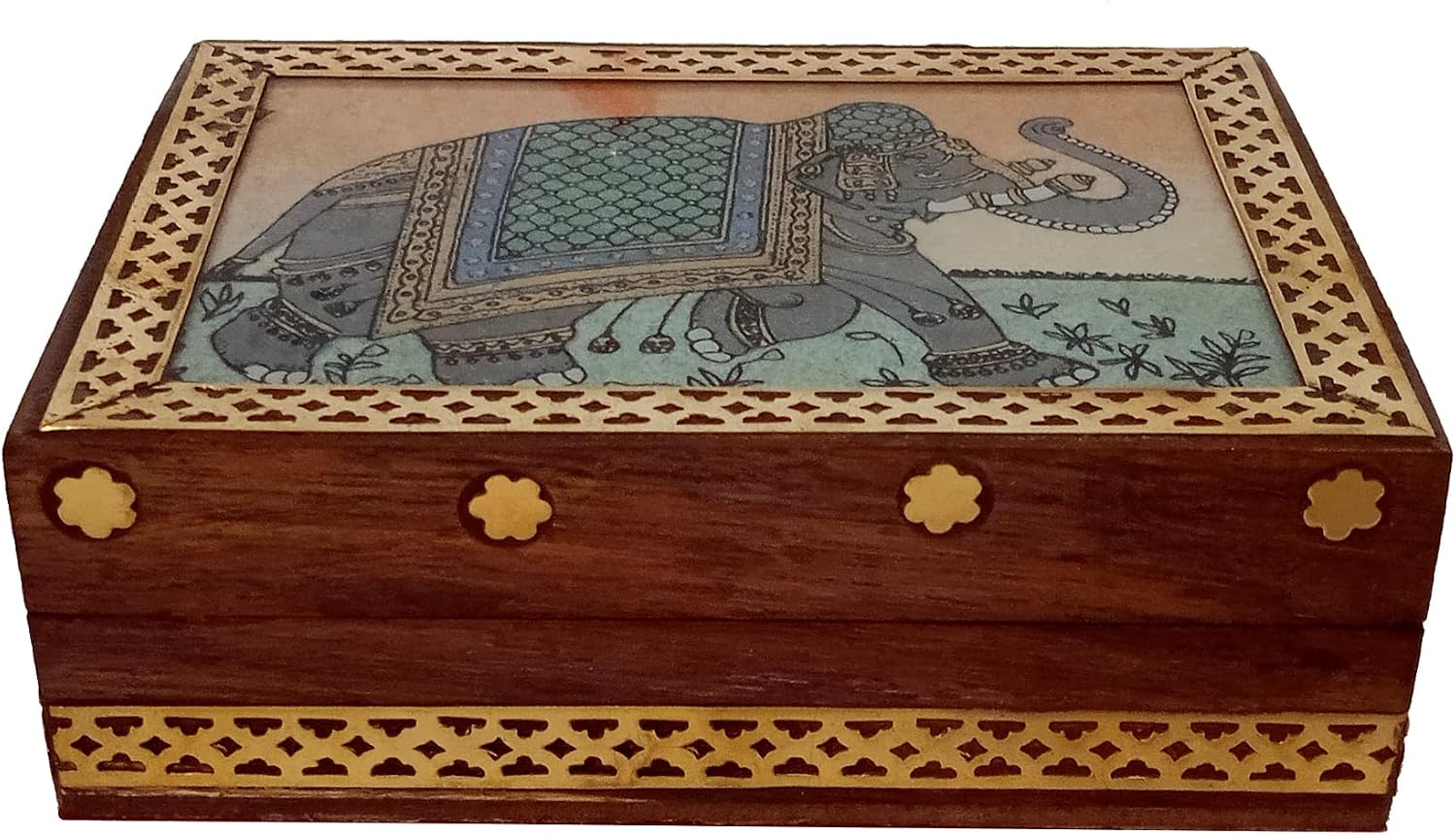 Purpledip Wooden Gemstone Painting Box Elephant: Collectible Souvenir Gift, 4 * 3 Inch (12522A)