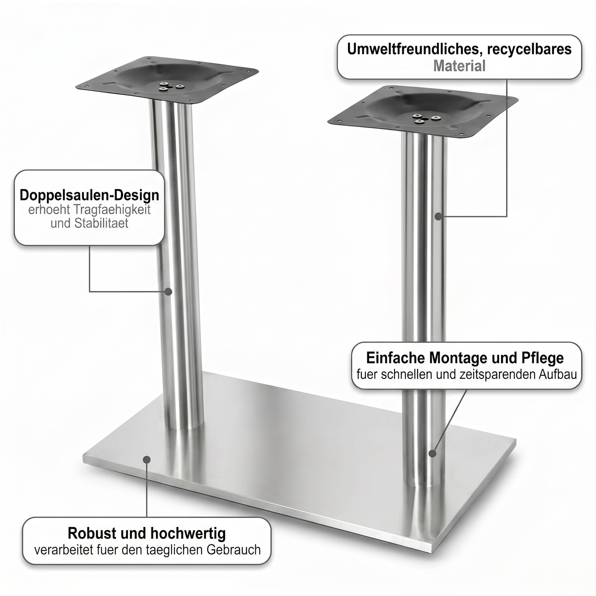 Mucola Tischgestell Tischuntergestell Doppelsäule Edelstahl 72 cm Silber
