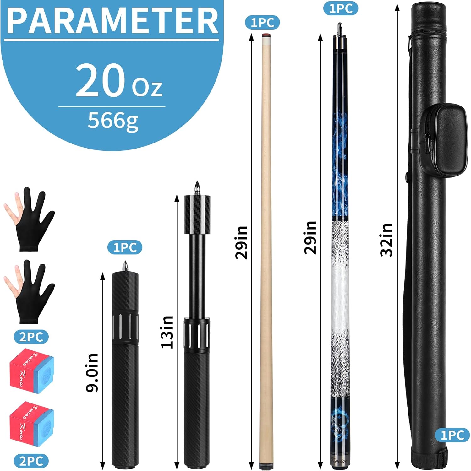 Kmise Professional Pool Cue Stick, 18 19 20oz Canadian Maple Cue Sticks, Low Deflection Shaft with Telescopic Carbon Fiber Extension Cue, Flame