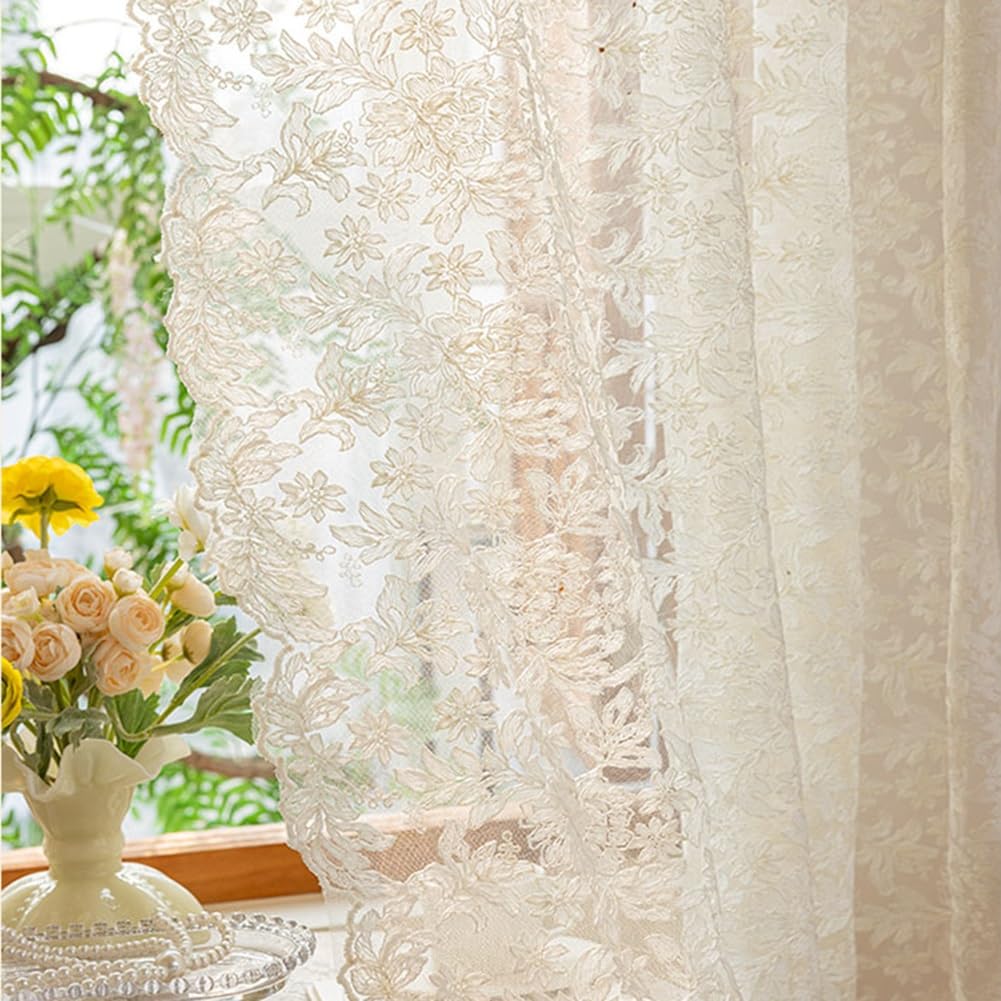 Rideaux en Dentelle Florale au Crochet en Coton, Rideaux en Voile Transparent À Passe-tringle Français, pour Salon, Chambre À Coucher, Balcon(Size:W125xH150cm/49x59in)