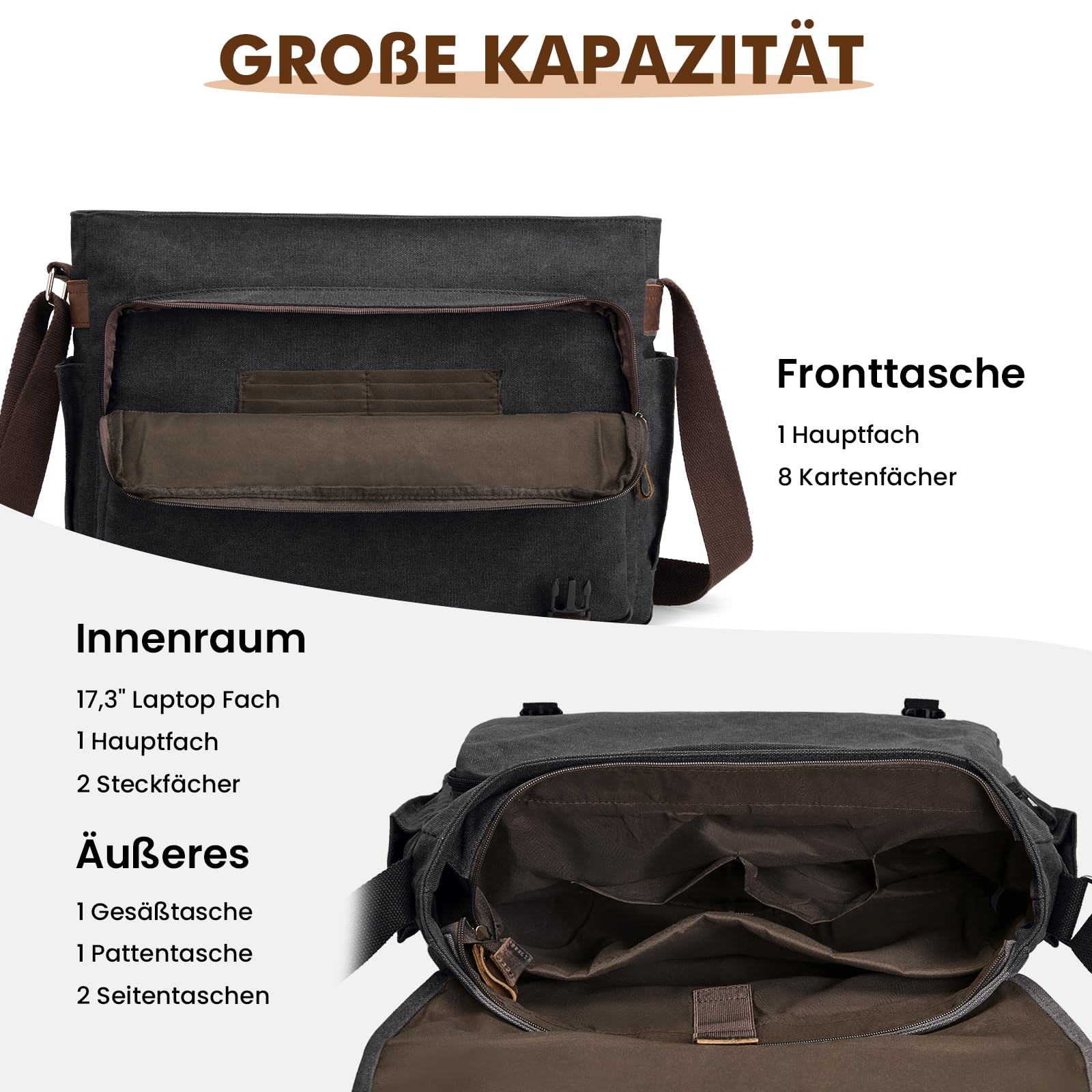 S-ZONE Herren Umhängetasche 17,3 Inch Übergröße Messenger Bag Canvas Laptoptasche Aktentasche Schultertasche Arbeitstasche mit Gepäckfach