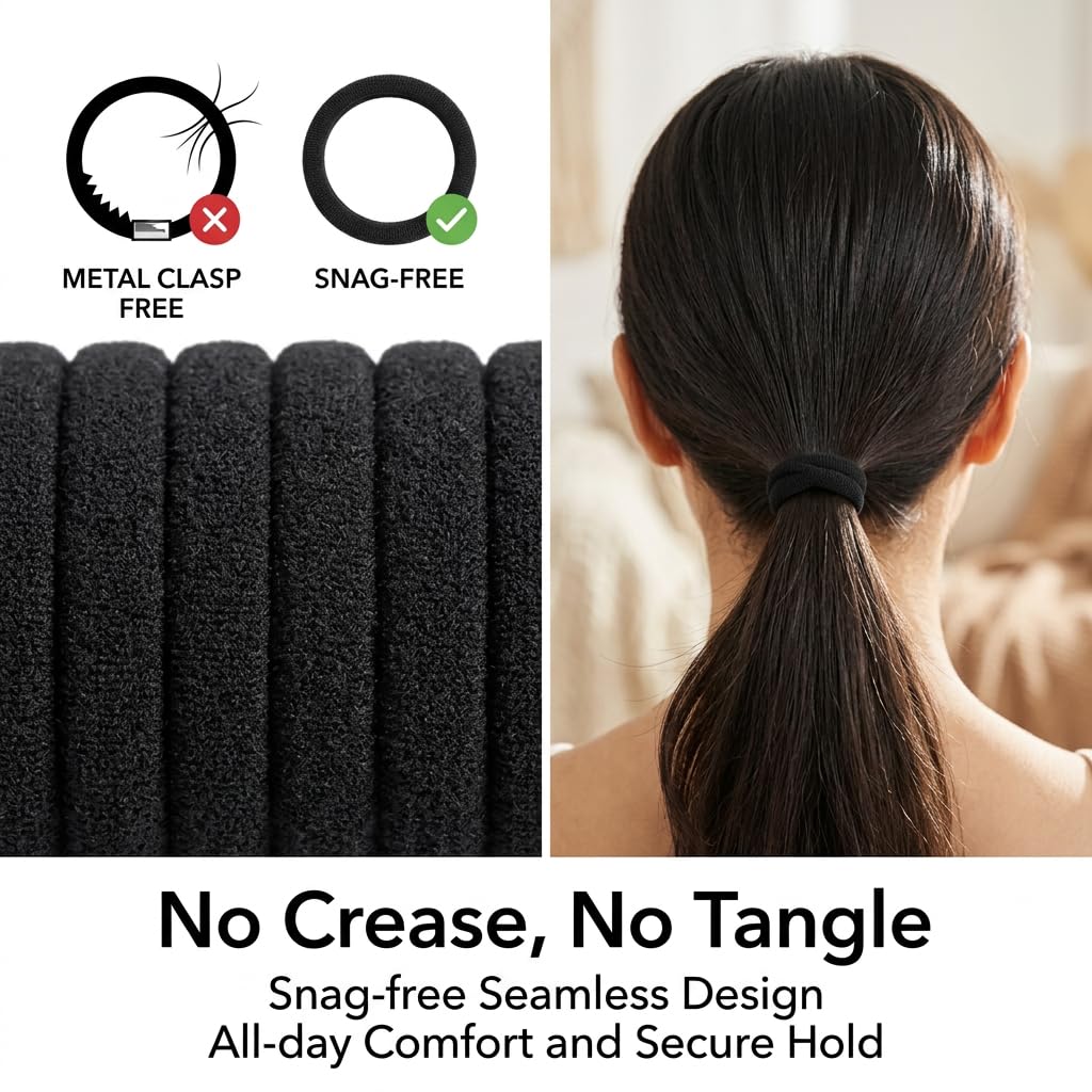 Black Hair Ties No Damage No Pull 100PCS Extra Thick Elastics Hair Bands Large Ponytail Holders for Women Girls Thick Heavy Curly Hair