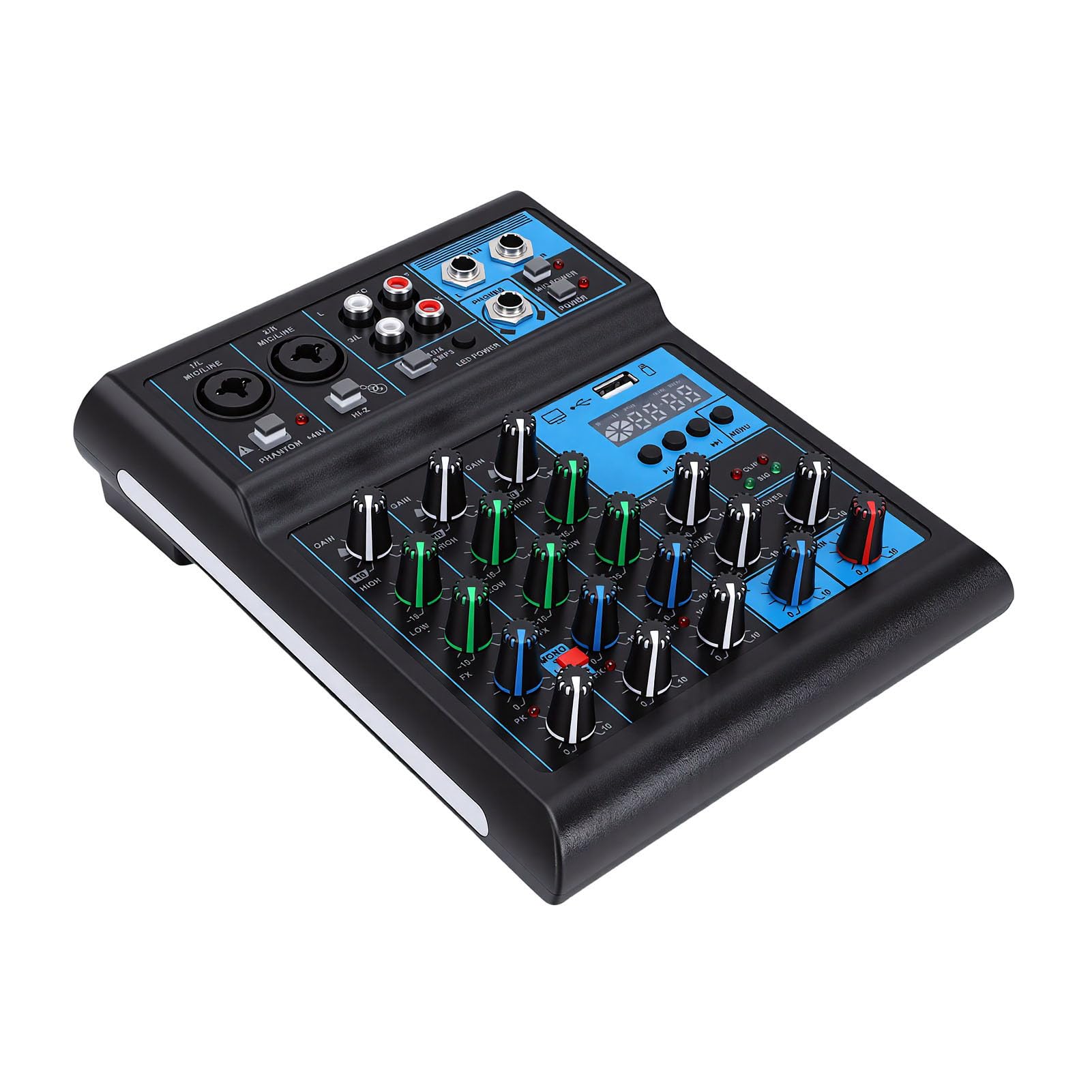 Sxhlseller 4-kanałowy Mikser z 2 Bezprzewodowymi Mikrofonami UHF, Bluetooth 5.0, Interfejsem USB, Zasilaniem 48 V, Oświetleniem RGB do Karaoke, DJ-a, Domowego Studia, Nagrywania i Transmisji na żywo