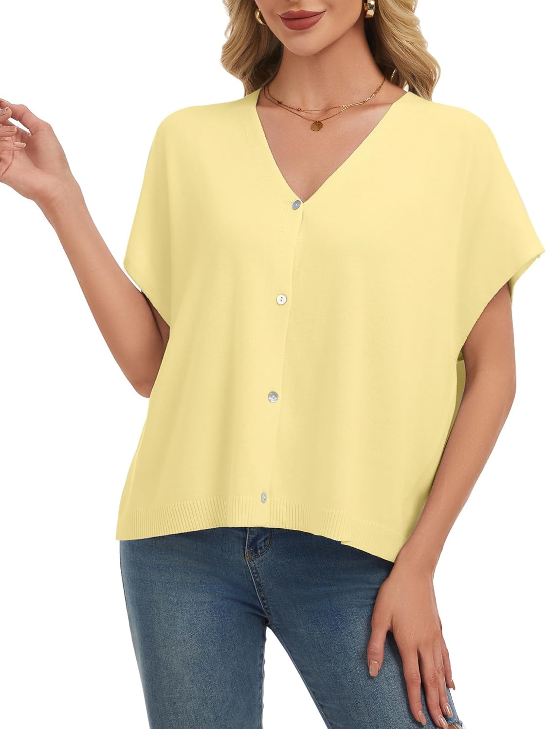 Women's V Neck Short Sleeve Cardigan Sweater Tops Lightweight Button Loose Sweater Vest - Image 3