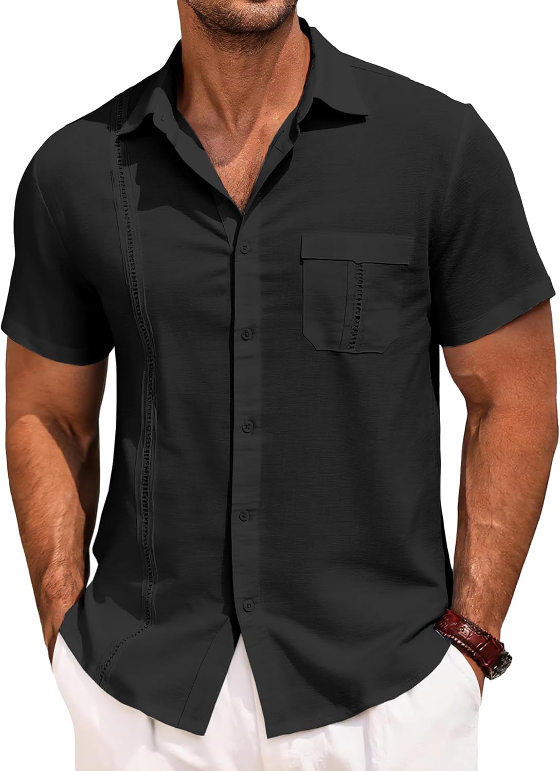 Runcati Mens Cuban Guayabera Shirts Button Down Short Sleeve Shirt Casual Mexican Summer Beach Wedding Tops with Pocket