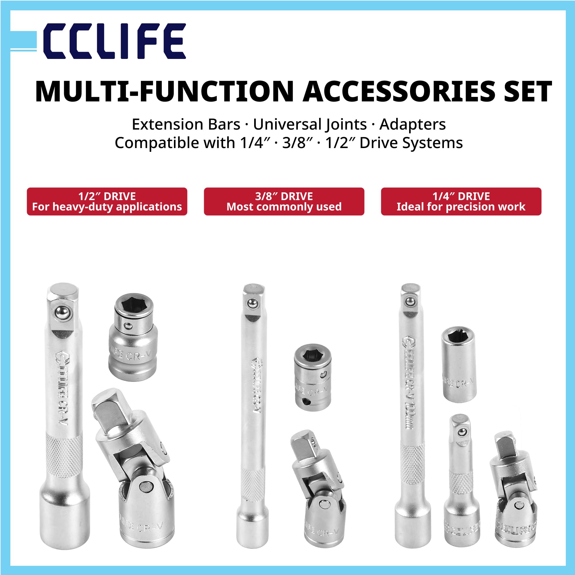 CCLIFE Set di chiavi a bussola, 219 pezzi, 1/4 3/8 1/2", set di attrezzi meccanici con cricchetto a 72 denti, acciaio al cromo vanadio, per riparazione fai da te