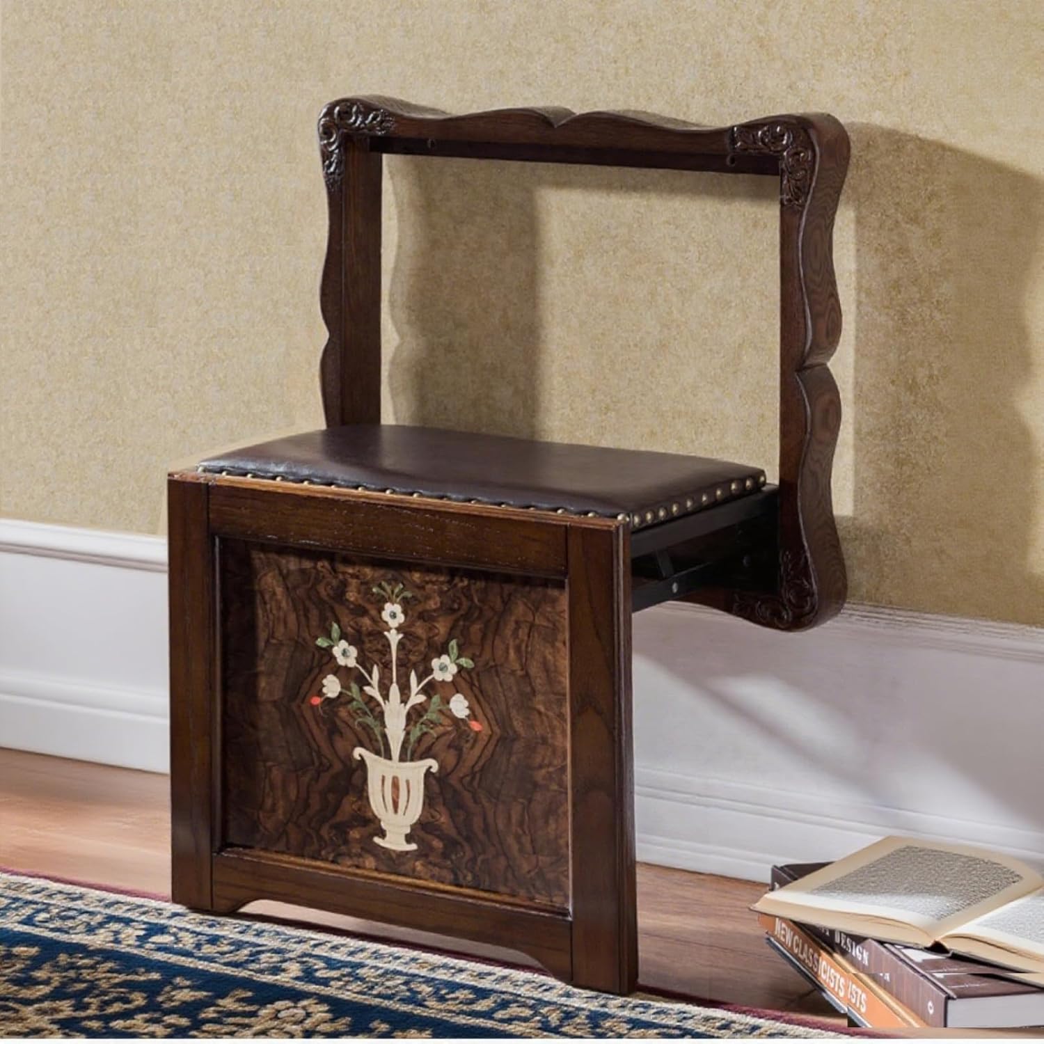 Solid Wood Wall-Mounted Folding Stool - Space Saving Shoe Changing Bench with Support Legs, Foldable Entryway Seat for Hallway, Balcony, Living Room (Light Brown)