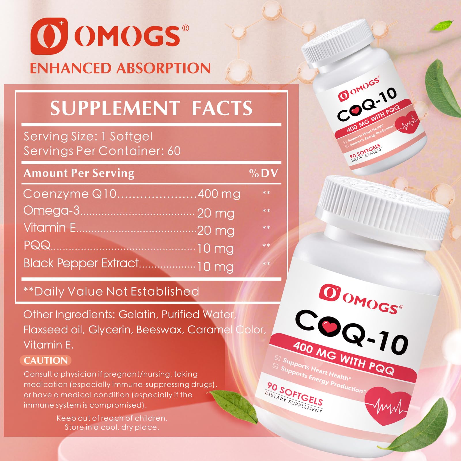 OMOGS CoQ10 400mg Softgels, Coenzyme Q10 High Absorption Supplements Support Heart Health, Cardiovascular Health, Immune System & Cellular Energy Production, Gluten Free, 90 Softgels — Amazon image 2