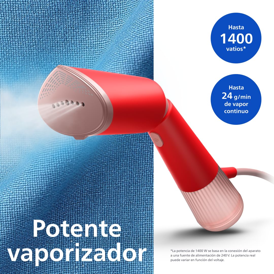 Philips Vaporizador de mano Serie 5000, Diseño elegante, cabezal ajustable, calentamiento rápido, ajustes Eco y Max, seguro para tejidos delicados, uso vertical y horizontal, naranja rojo (STH5020/40)