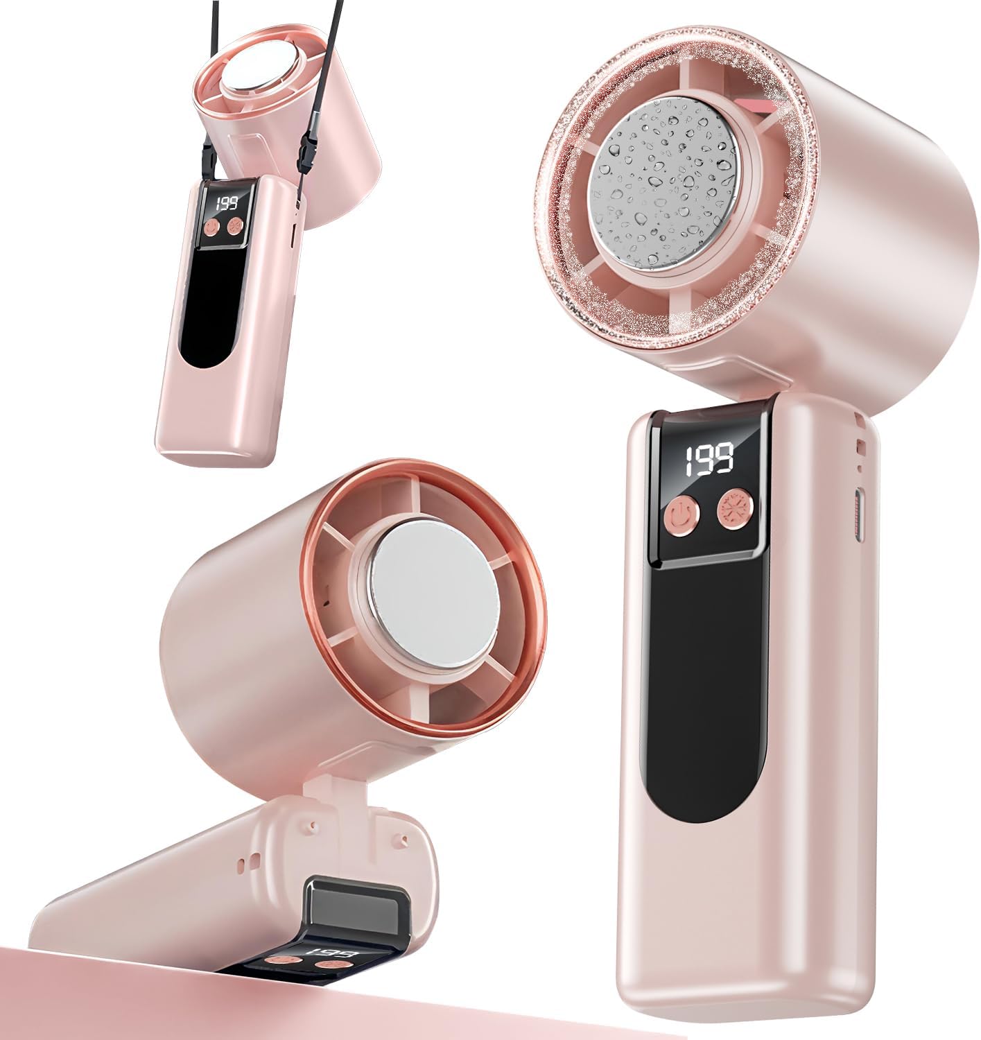 – Mini Handheld Fan 5-Speed Adjustable & Semiconductor Cooling, Tri-Fold Compact Design with Lanyard, USB Rechargeable for Travel, Office, Camping, Outdoors (Pink)