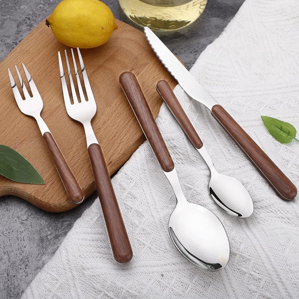 Ce Service de Couverts en Bois, composé de 70 pièces en Acier Inoxydable Durable avec Manche en Bois, Comprend des Couteaux, fourchettes et cuillères délicats. C'est Un Ensemble de Couverts