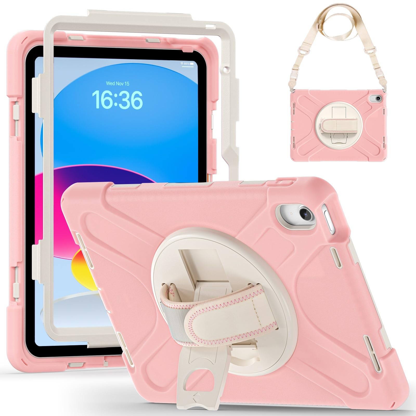 Pokrywa tabletu Kompatybilny z etui iPad 10. generacji 10,9 cala 2022, wytrzymałe, odporne na wstrząsy etui ochronne z paskiem na ramię, etui ochronne silikonowe dla dzieci Strona główna tabletu(Pembe