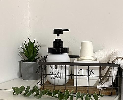 Miniatura 6 de Onsogi Dispensador de enjuague bucal con portavasos de madera para vasos desechables de 3 onzas tarro de vidrio blanco de 16 onzas con bomba de