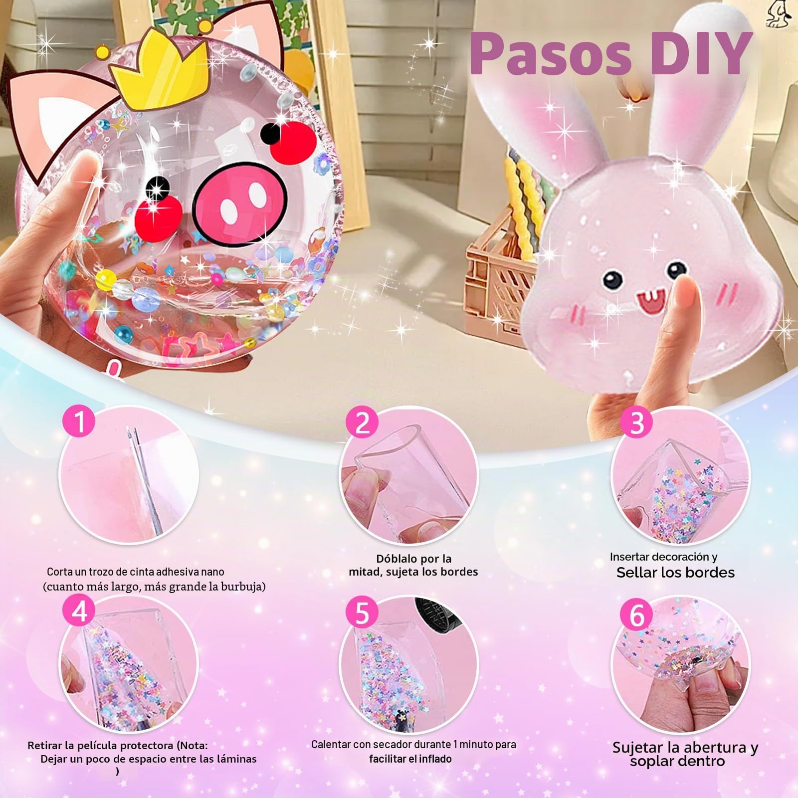 Charmofun 96 Piezas Nano Tape DIY Creativo Kit Manualidades para Niños, 5 Cintas Nano Tape + 91 Accesorios Burbujas