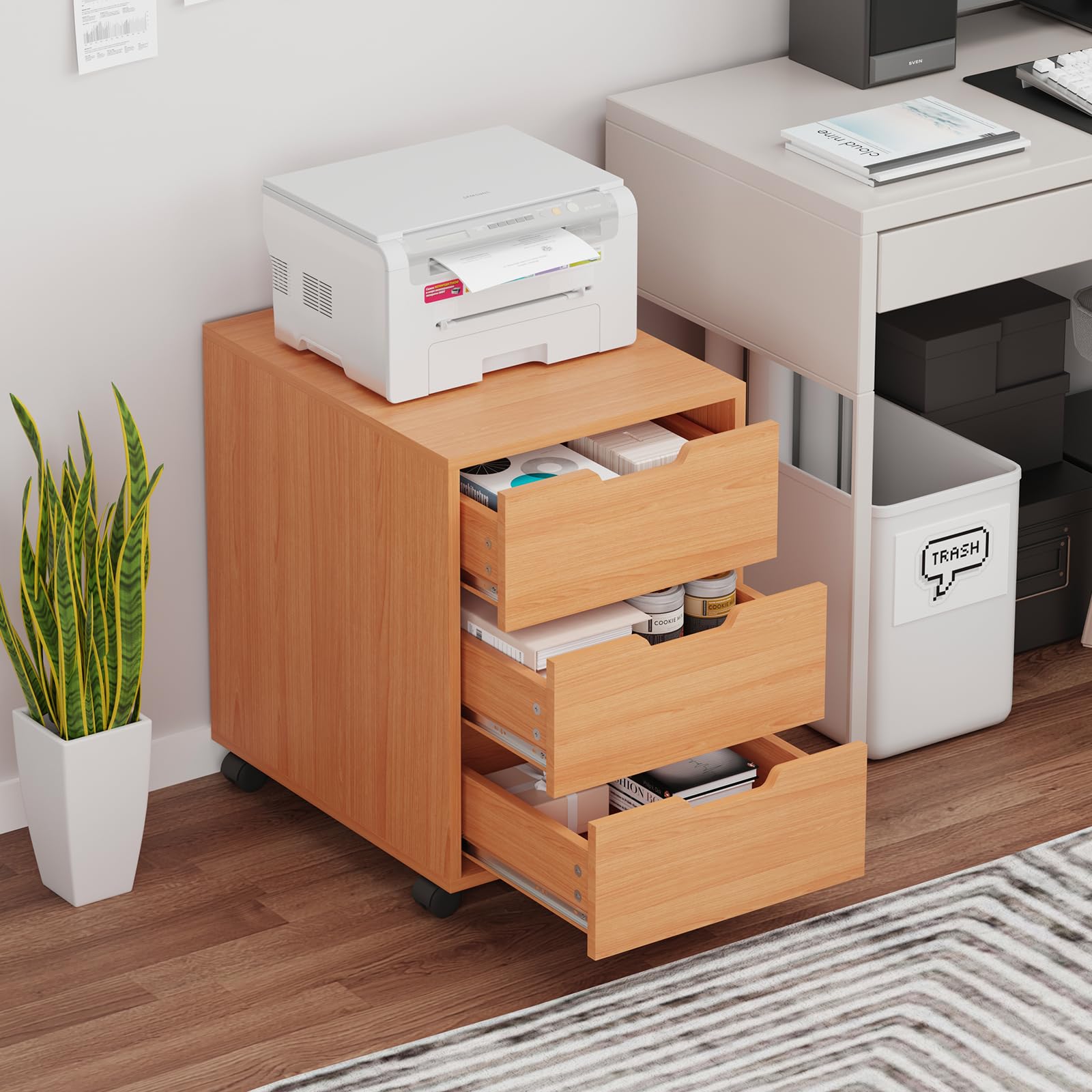 Rangement de Dossiers Mobile avec 3 Tiroirs, Caisson de Bureau en Bois, Meuble Rangement Bureau sur roulettes pour Documents, Caisson de Rangement pour Bureau à Domicile, non Verrouillable, Hêtre