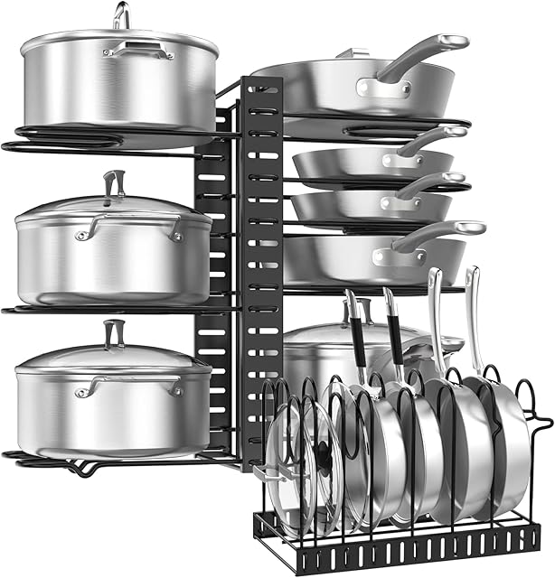 Housolution Pan Rack Holder Stand Organiser, 8 Tiers Upgraded Saucepan Storage Rack Pot Organiser with Non-Slip Silicone Covered Dividers, Pot Lid Organizer Rack for Kitchen Pantry Cupboard, Black