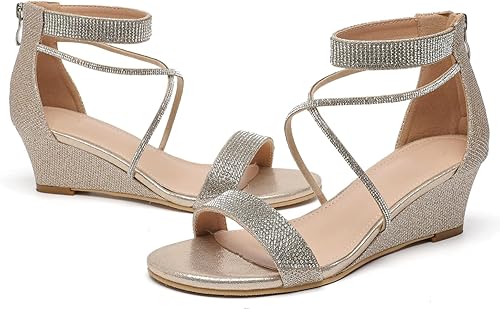 kkdom Sandalias de tacón grueso con cremallera y puntera abierta para mujer, zapatos brillantes de tacón bajo