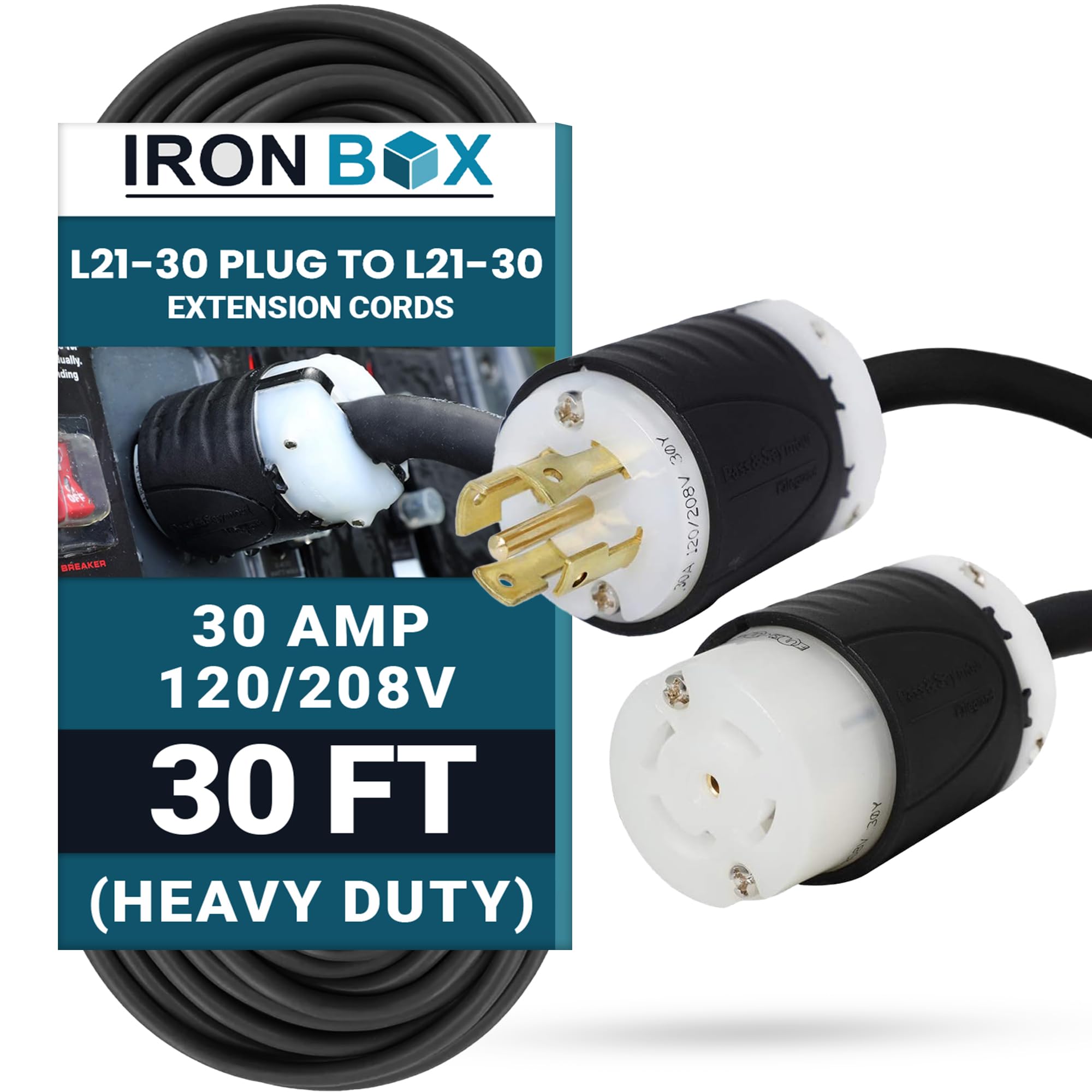 IronBox Electric - L21-30 Extension Cords - L21-30 Plug to L21-30 Connector - 30A, 120/208V 3 Phase - 8/5 SOOW Heavy Duty Extension Cord - Ideal for Industrial, Commercial & Construction Use(30 ft)