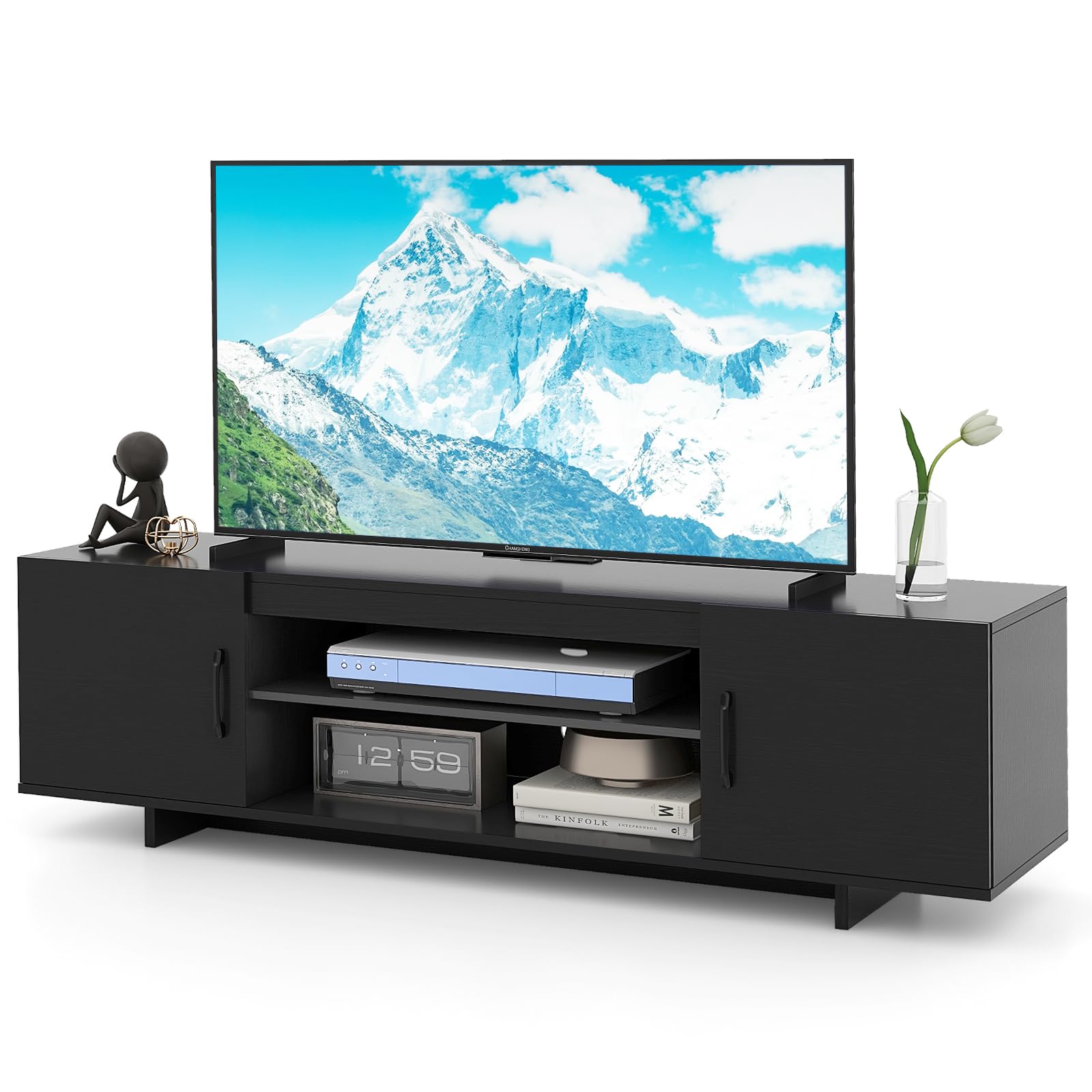 COSTWAY TV Stand Cabinet for 70 Inch TVs, 152cm TV Unit Media Entertainment Center with Charging Station, Storage Shelves and 2 Doors, Wooden Media Console Table for Living Room Bedroom (Black) — image 1