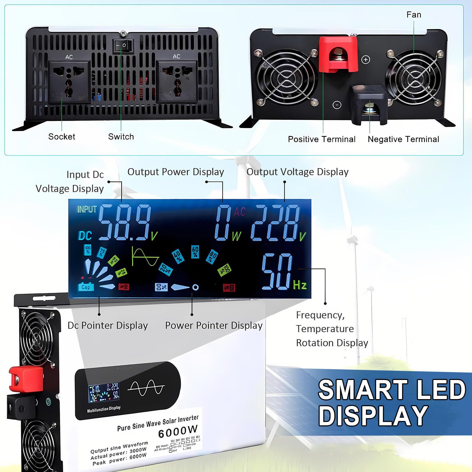 Ulepszony Falownik Sinusoidalny 2025 O Mocy 6000 W, 12 V Przetwornica Napięcia DC 24 V 48 V 60 V 72 V Na 230 V AC Z WyświetlACzem Lcd, Do Domu/Kampera/Ciężarówki/Samochodu 6000W-12V