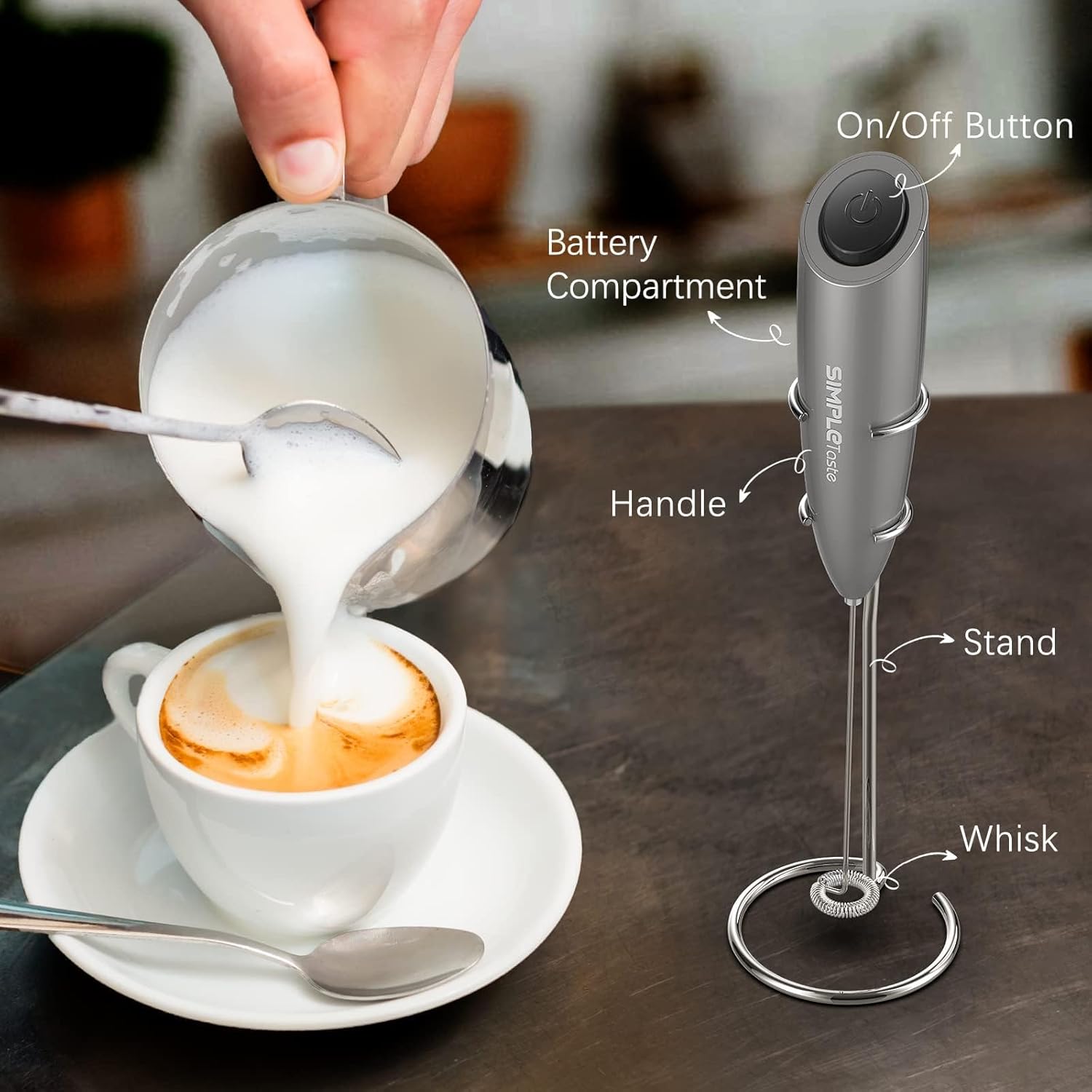 SIMPLETASTE Milk Frother Handheld Electric Foam Maker, Drink Mixer with Stainless Steel Whisk for Cappuccino, Bulletproof Coffee, Latte, with Stand, Gray, Battery Operated