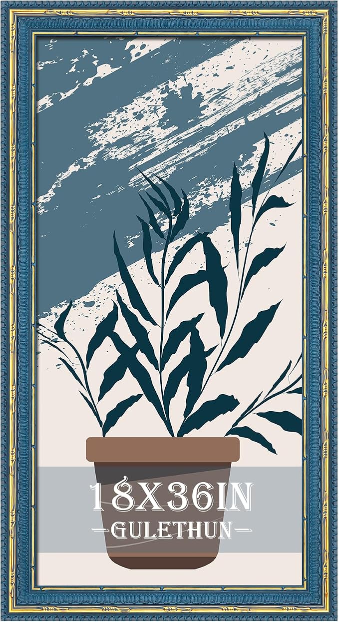 GULETHUN 18x36 Picture Frame Blue Gold - Vintage Photo Frame 18 by 36, Retro Home Decor Wall Hanging Gallery Frames, Sturdy, Plexiglass, Antique Ornate Poster Frame for Vertical & Horizontal Display