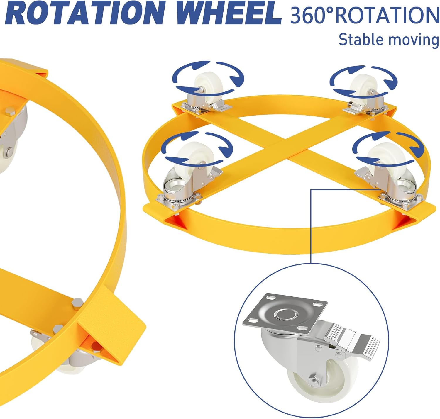 55 Gallon Heavy Duty Drum Dolly, 1000Lbs Barrel Dolly, Trash Can Dolly with 4 Swivel Casters Wheel, Steel Frame Dolly Cart, Non Tipping Hand Truck Capacity Dolly for Warehouse,Yellow