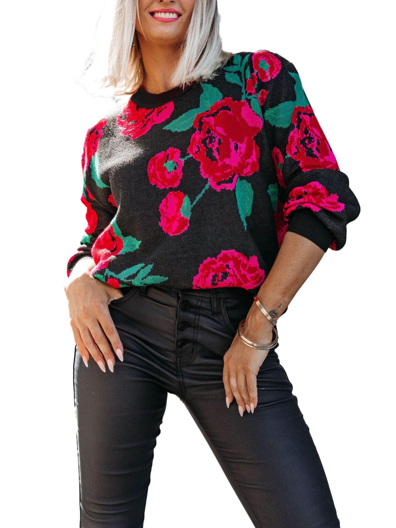 Miessial Women's Fall Floral Crewneck Knit Sweater Long Sleeve Casual Y2K Vintage Chunky Pullover Sweater Tops Trendy(L,Red-Floral)