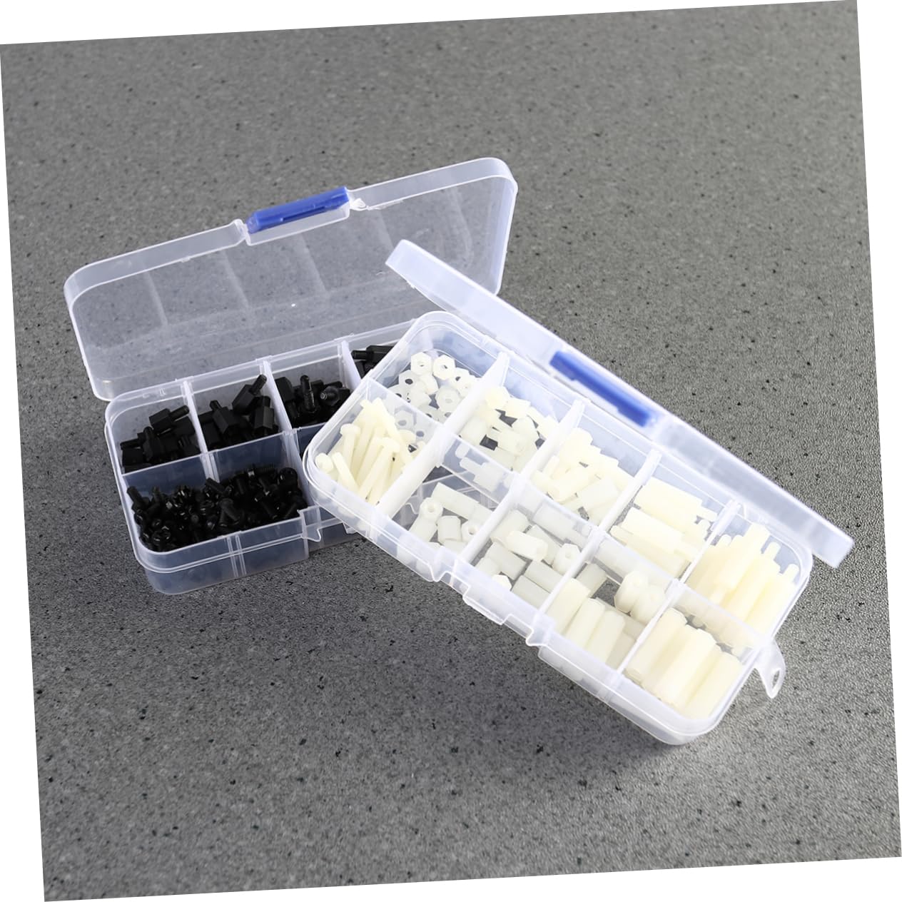 PartyKindom 900pcs Nylon Spacer Nut Assortment Kit Black White Nylon Plastic Standoffs for PCB Circuit Board Applications Easy to Install Storage Box